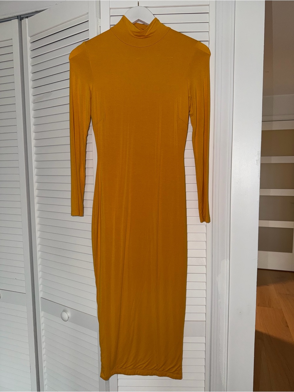 JLUXLABEL Mustard Long Sleeve Mock Neck Bodycon Midi Dress